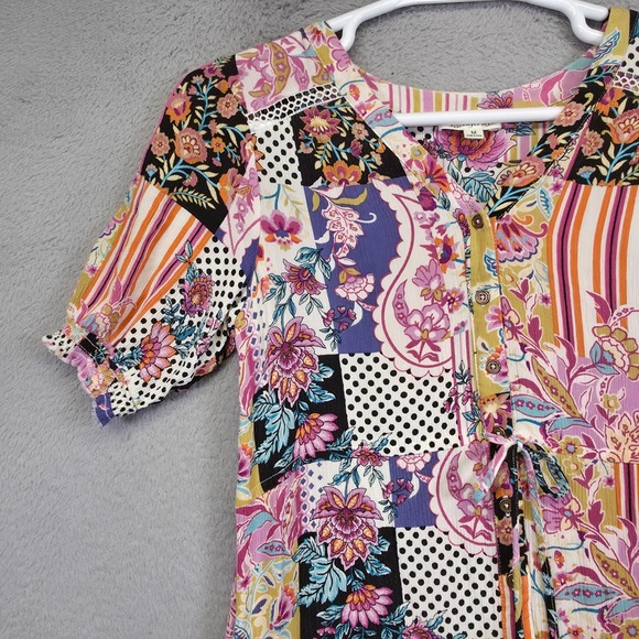 Indigo Rose Dress Womens M Button Floral Polka Dot Patchwork Tiered Boho Hippie - Picture 10 of 16